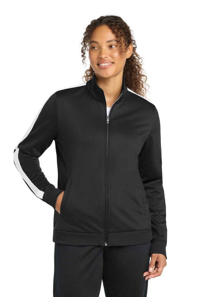 SportTek Ladies Tricot Sleeve Stripe Track Jacket LST94 Black White
