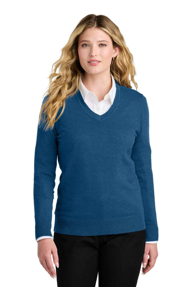 Port Authority Women's Easy Care VNeck Sweater LSW2850 Aegean Blue Heather