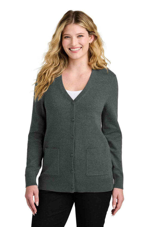Port Authority Women's Easy Care ButtonUp Cardigan Sweater LSW4150 Charcoal Heather