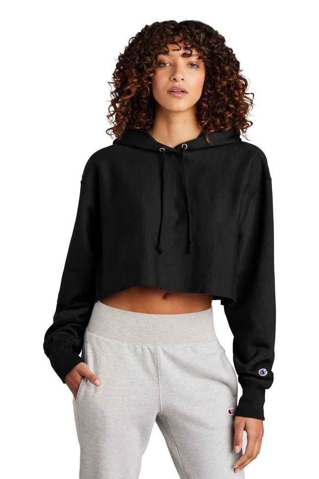Champion Women's Reverse Weave Cropped CutOff Hooded Sweatshirt RW01W Black