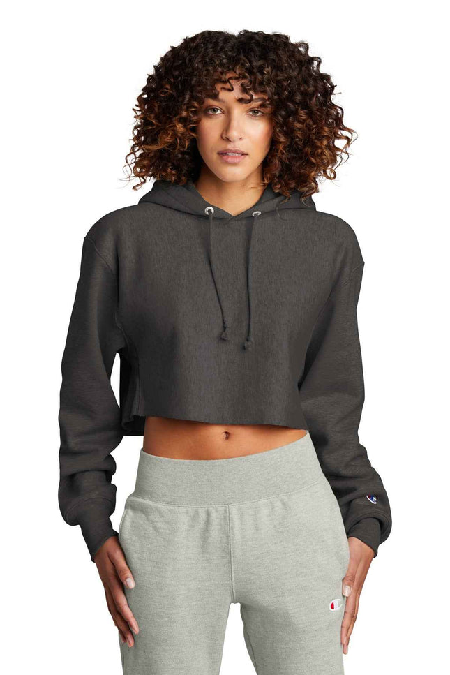 Champion Women's Reverse Weave Cropped CutOff Hooded Sweatshirt RW01W Charcoal Heather
