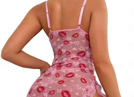 Premium Women's Pink Lips Love Print Lace Babydoll Nightdress with Bow