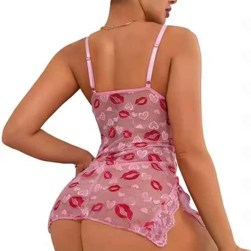 Premium Women's Pink Lips Love Print Lace Babydoll Nightdress with Bow