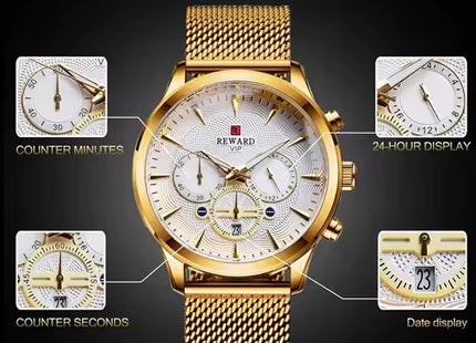 REWARD Men’s Gold Stainless Steel Quartz Watch with Calendar