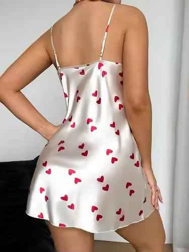 Premium Women's V-Neck Spaghetti Strap Heart Print Babydoll Nightdress