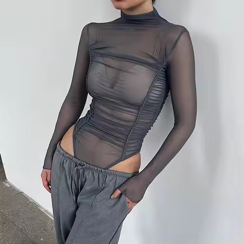 Women's Long Sleeve Mesh Bodysuit Grey