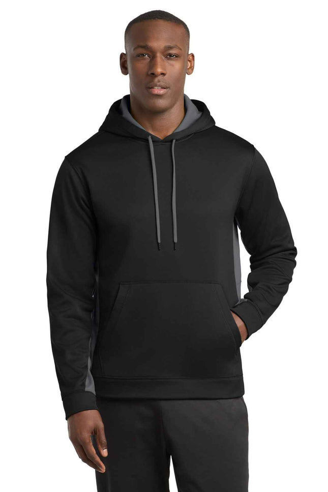 SportTek SportWick Fleece Colorblock Hooded Pullover ST235 Black Dark Smoke Grey