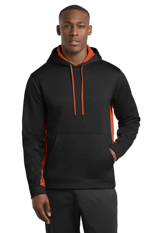 SportTek SportWick Fleece Colorblock Hooded Pullover ST235 Black Deep Orange