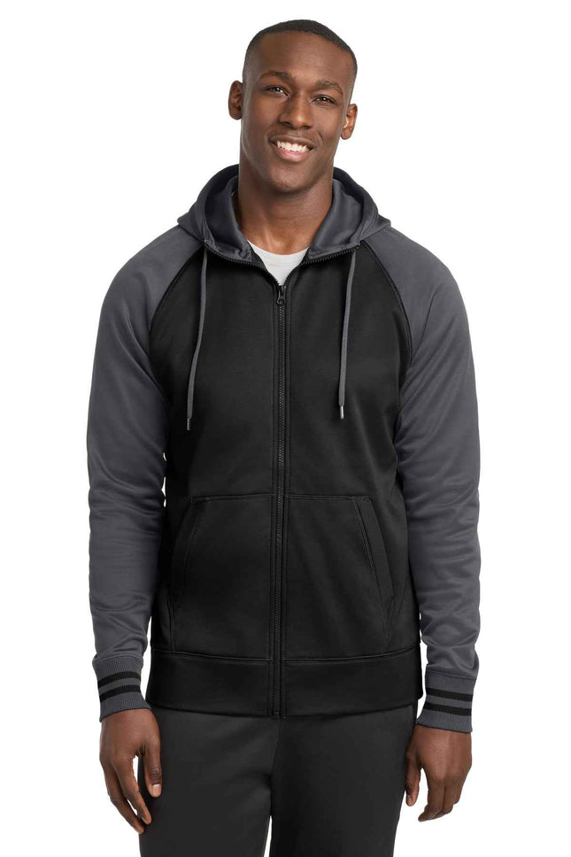 SportTek SportWick Varsity Fleece FullZip Hooded Jacket ST236 Black Dark Smoke Grey