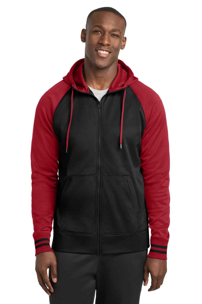 SportTek SportWick Varsity Fleece FullZip Hooded Jacket ST236 Black Deep Red