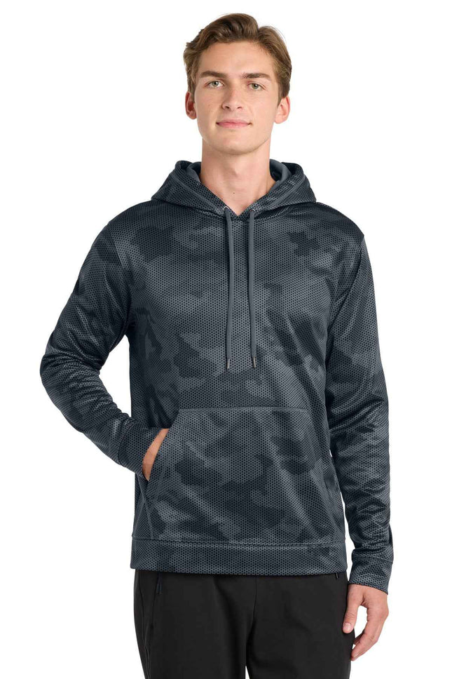 SportTek SportWick CamoHex Fleece Hooded Pullover ST240 Dark Smoke Grey