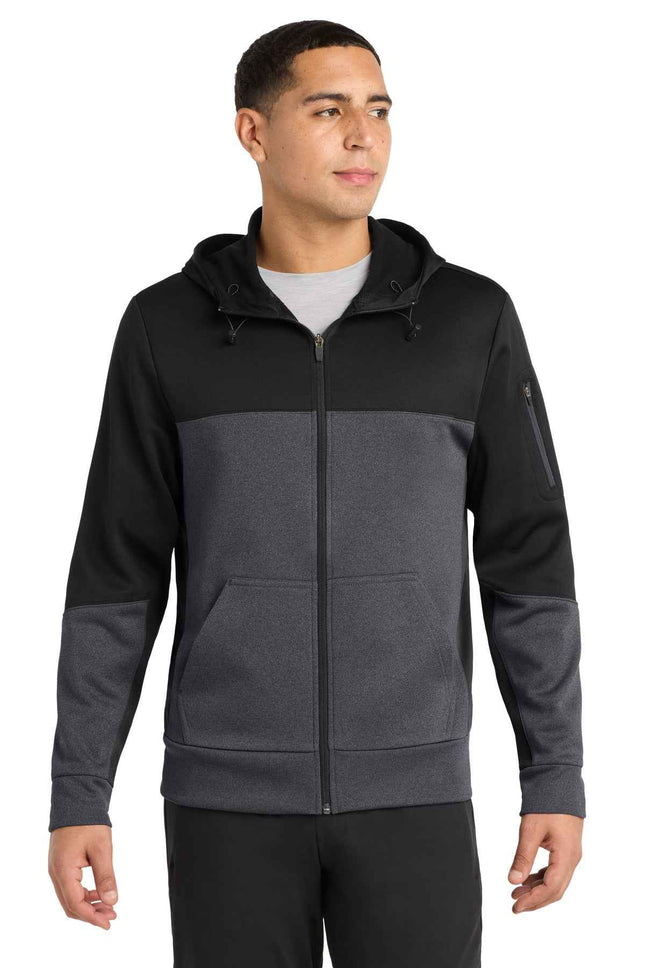SportTek Tech Fleece Colorblock FullZip Hooded Jacket ST245 Black Graphite Heather Black
