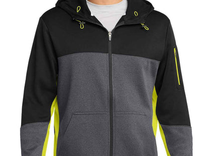 SportTek Tech Fleece Colorblock FullZip Hooded Jacket ST245 Black Graphite Heather Citron