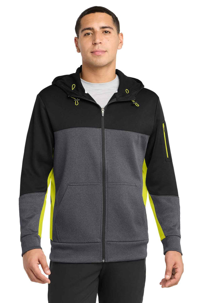 SportTek Tech Fleece Colorblock FullZip Hooded Jacket ST245 Black Graphite Heather Citron