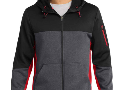 SportTek Tech Fleece Colorblock FullZip Hooded Jacket ST245 Black Graphite Heather True Red