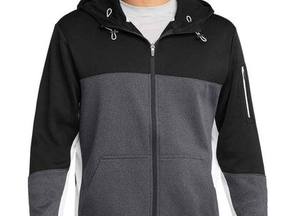 SportTek Tech Fleece Colorblock FullZip Hooded Jacket ST245 Black Graphite Heather White