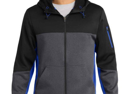 SportTek Tech Fleece Colorblock FullZip Hooded Jacket ST245 Black Graphite Heather True Royal