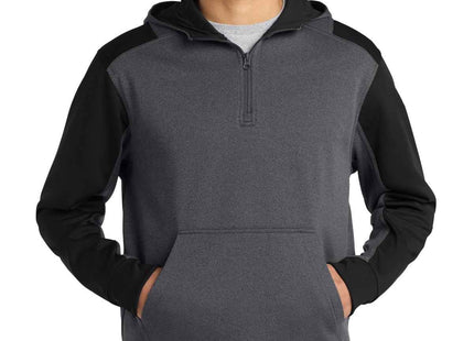 SportTek Tech Fleece Colorblock 1/4Zip Hooded Sweatshirt ST249 Graphite Heather Black