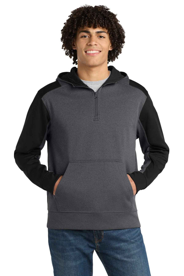 SportTek Tech Fleece Colorblock 1/4Zip Hooded Sweatshirt ST249 Graphite Heather Black