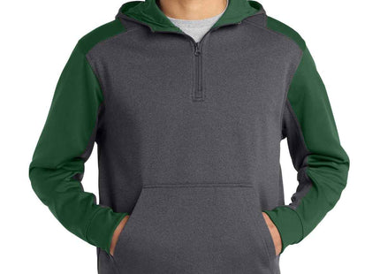 SportTek Tech Fleece Colorblock 1/4Zip Hooded Sweatshirt ST249 Graphite Heather Forest Green