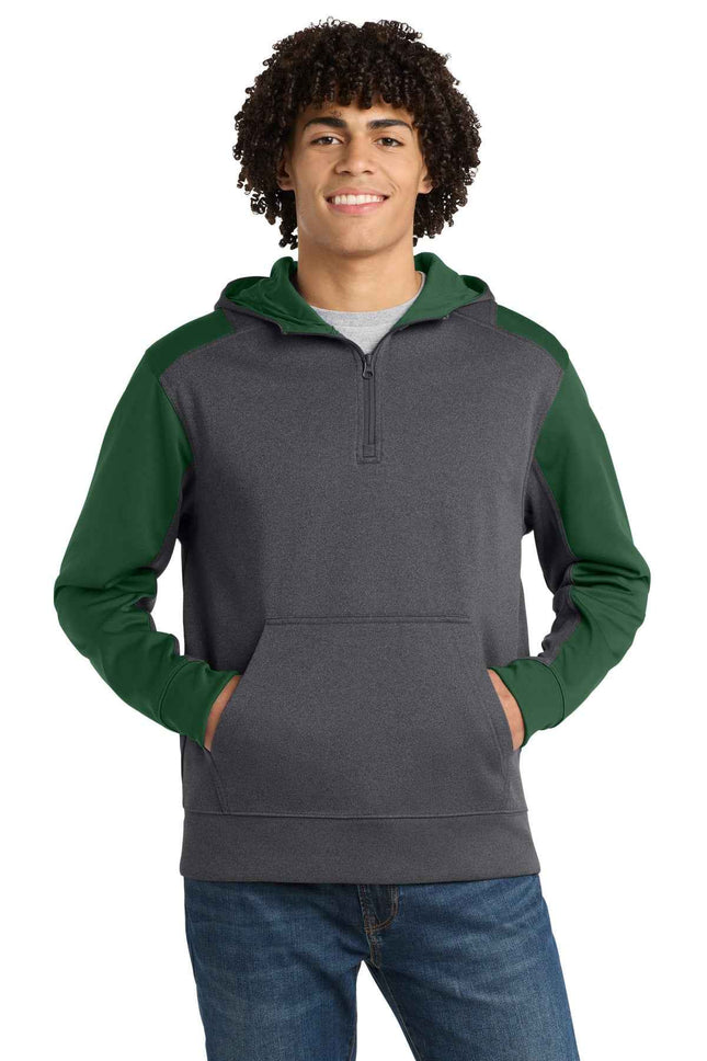 SportTek Tech Fleece Colorblock 1/4Zip Hooded Sweatshirt ST249 Graphite Heather Forest Green