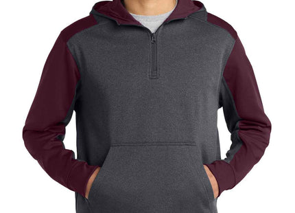 SportTek Tech Fleece Colorblock 1/4Zip Hooded Sweatshirt ST249 Graphite Heather Maroon