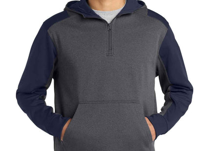 SportTek Tech Fleece Colorblock 1/4Zip Hooded Sweatshirt ST249 Graphite Heather True Navy