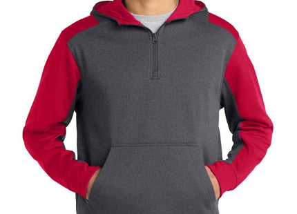 SportTek Tech Fleece Colorblock 1/4Zip Hooded Sweatshirt ST249 Graphite Heather True Red