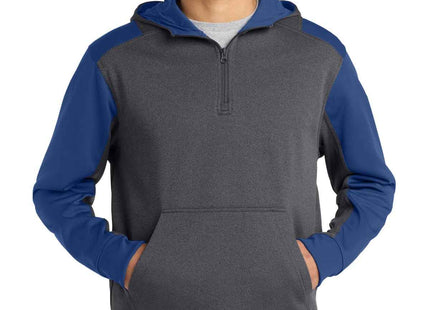SportTek Tech Fleece Colorblock 1/4Zip Hooded Sweatshirt ST249 Graphite Heather True Royal