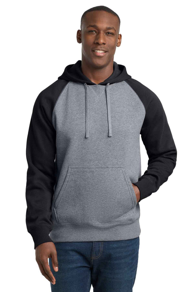 SportTek Raglan Colorblock Pullover Hooded Sweatshirt ST267 Black Vintage Heather