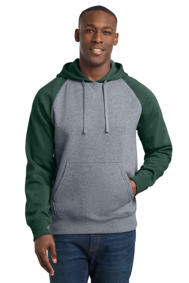 SportTek Raglan Colorblock Pullover Hooded Sweatshirt ST267 Forest Green Vintage Heather
