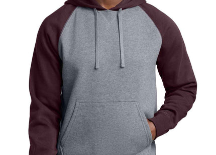 SportTek Raglan Colorblock Pullover Hooded Sweatshirt ST267 Maroon Vintage Heather