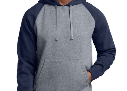 SportTek Raglan Colorblock Pullover Hooded Sweatshirt ST267 True Navy Vintage Heather