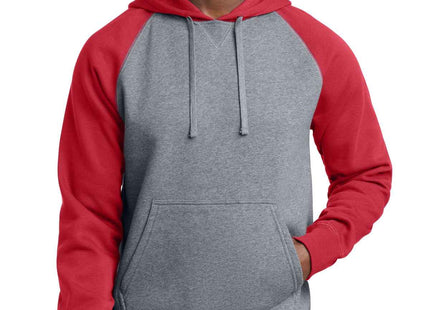 SportTek Raglan Colorblock Pullover Hooded Sweatshirt ST267 True Red Vintage Heather