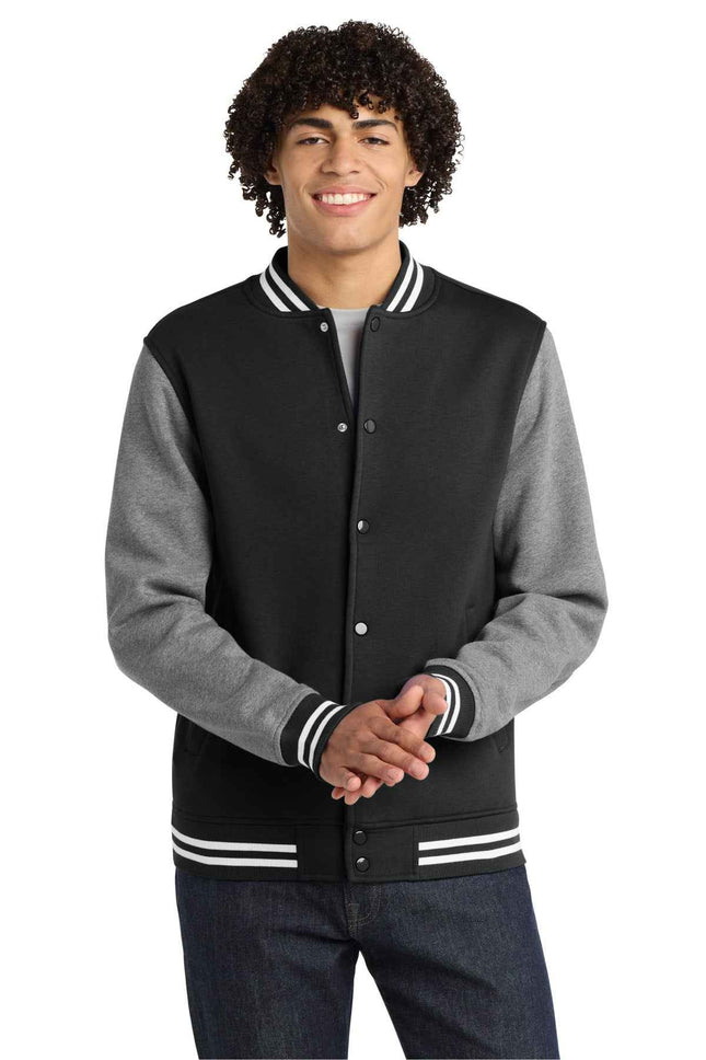SportTek Fleece Letterman Jacket ST270 Black Vintage Heather