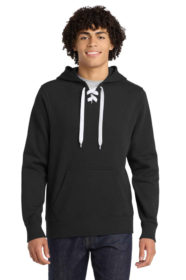 SportTek Lace Up Pullover Hooded Sweatshirt ST271 Black