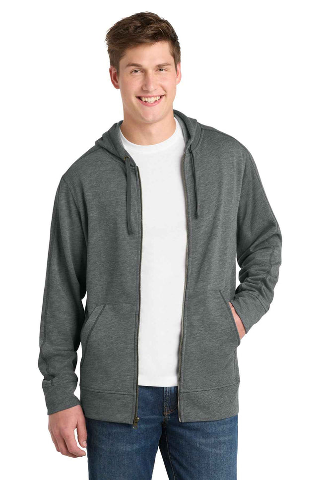 SportTek PosiCharge TriBlend Wicking Fleece FullZip Hooded Jacket ST293 Dark Grey Heather