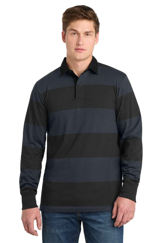 SportTek Classic Long Sleeve Rugby Polo ST301 Black Graphite