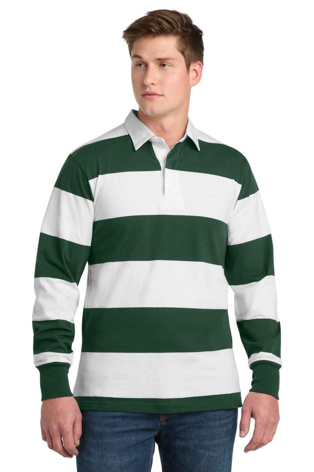 SportTek Classic Long Sleeve Rugby Polo ST301 Forest Green White