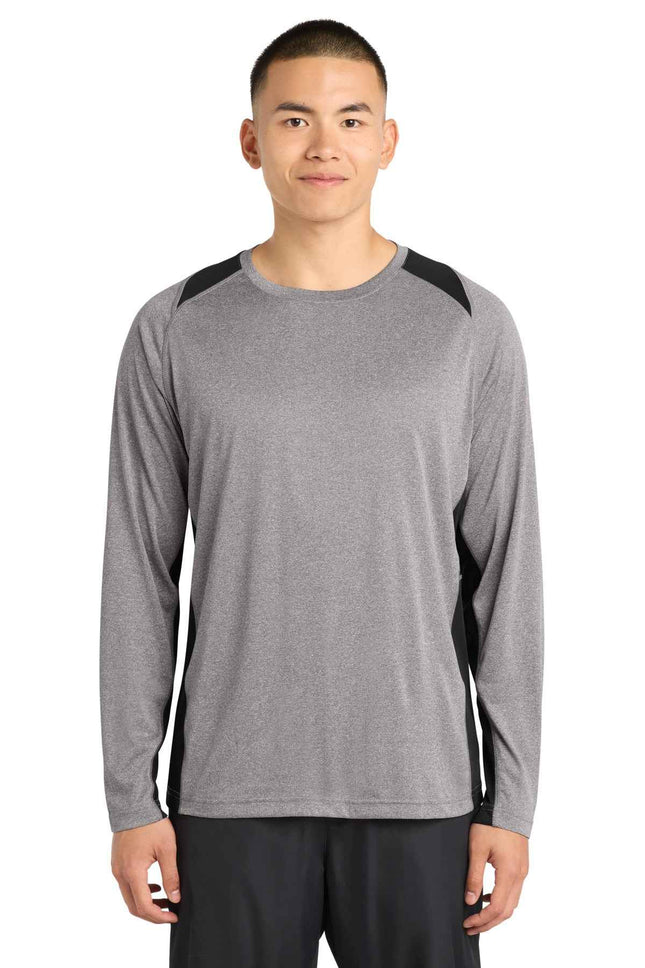 SportTek Long Sleeve Heather Colorblock Contender Tee ST361LS Vintage Heather Black