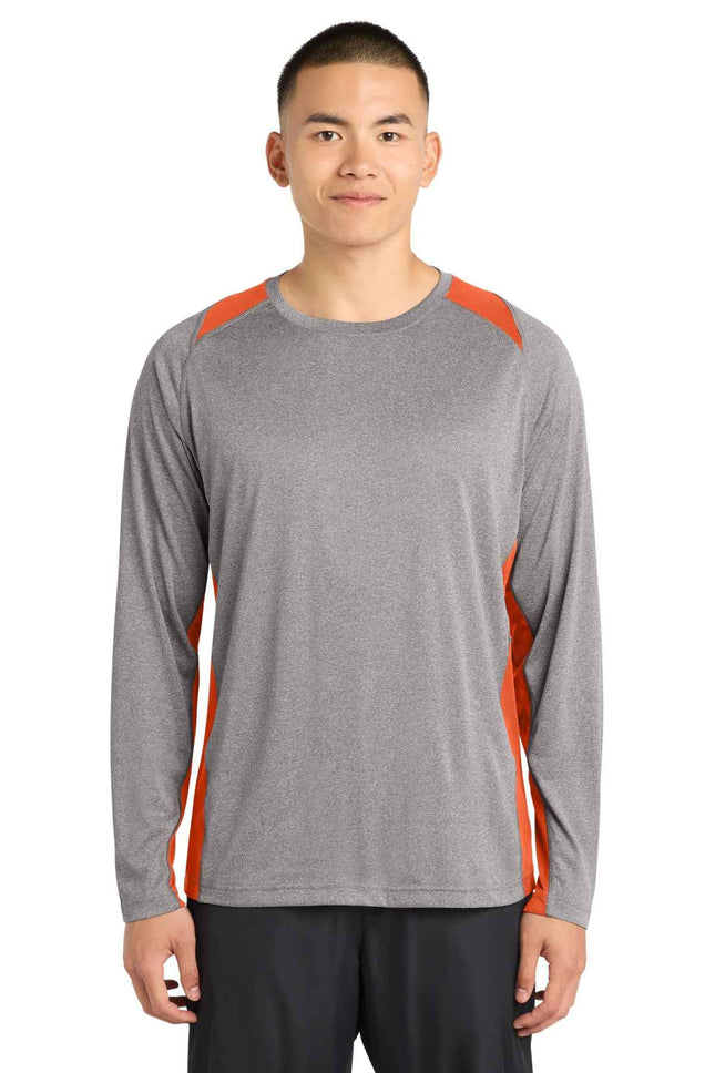 SportTek Long Sleeve Heather Colorblock Contender Tee ST361LS Vintage Heather Deep Orange