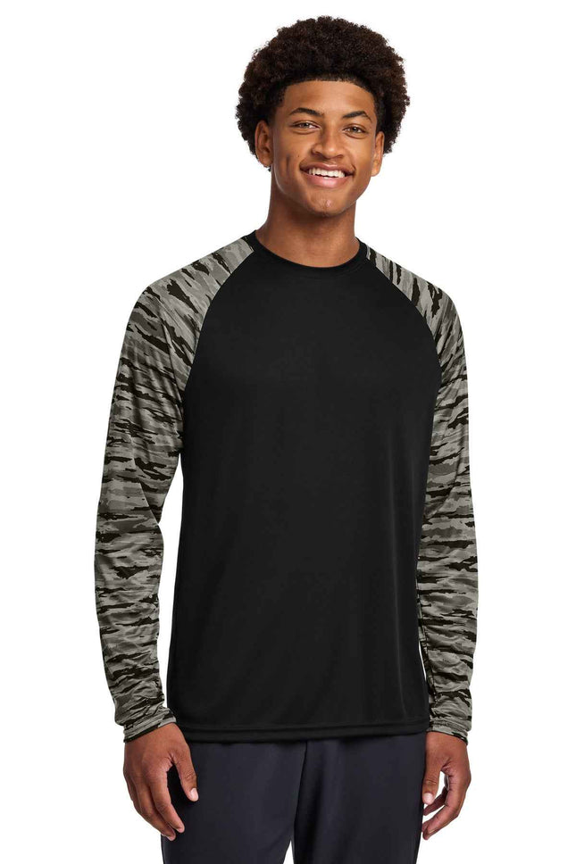 SportTek Drift Camo Colorblock Long Sleeve Tee ST376LS Black