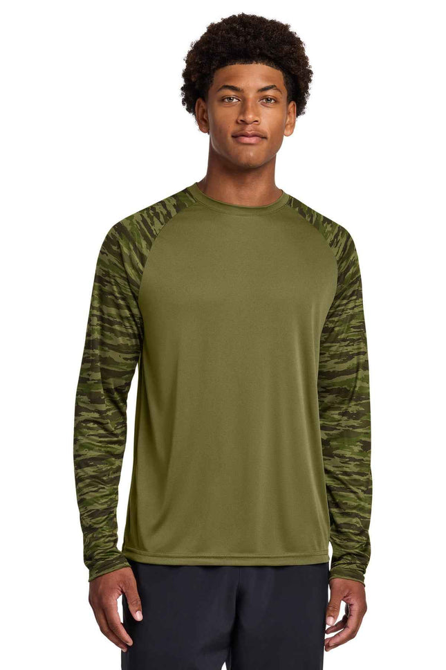 SportTek Drift Camo Colorblock Long Sleeve Tee ST376LS Olive Drab Green