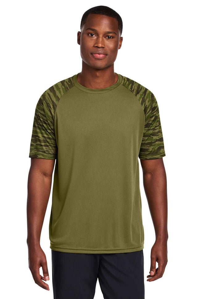 SportTek Drift Camo Colorblock Tee ST376 Olive Drab Green