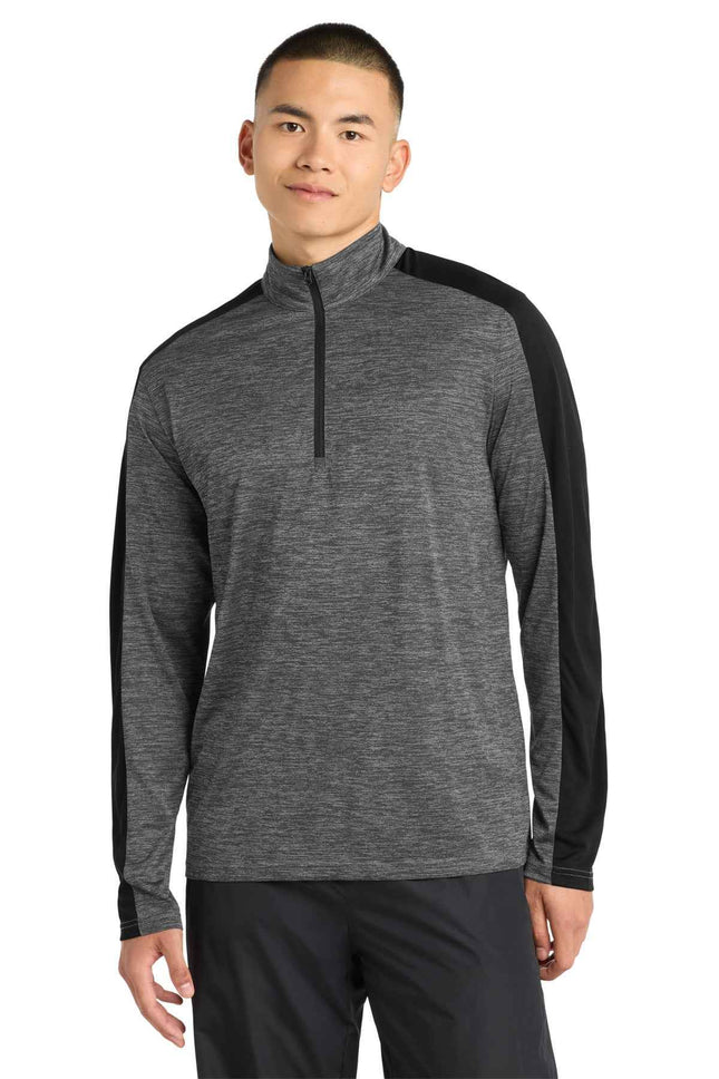 SportTek PosiCharge Electric Heather Colorblock 1/4Zip Pullover ST397 Grey-Black Electric Black
