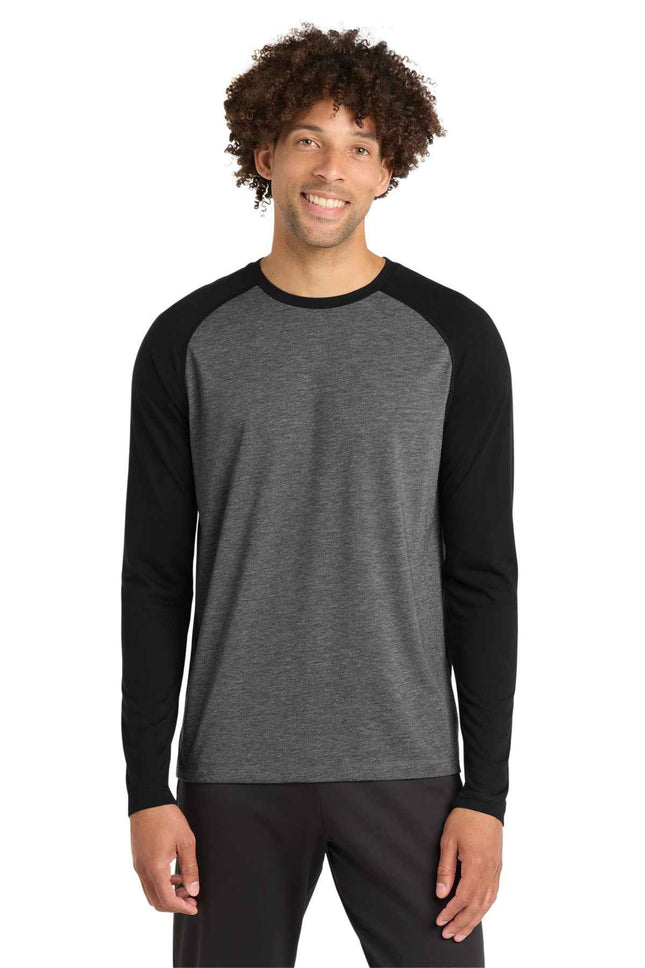 SportTek PosiCharge Long Sleeve TriBlend Wicking Raglan Tee ST400LS Black Triad Solid Dark Grey Heather