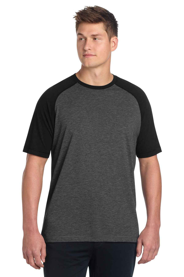 SportTek PosiCharge TriBlend Wicking Raglan Tee ST400 Black Triad Solid Dark Grey Heather