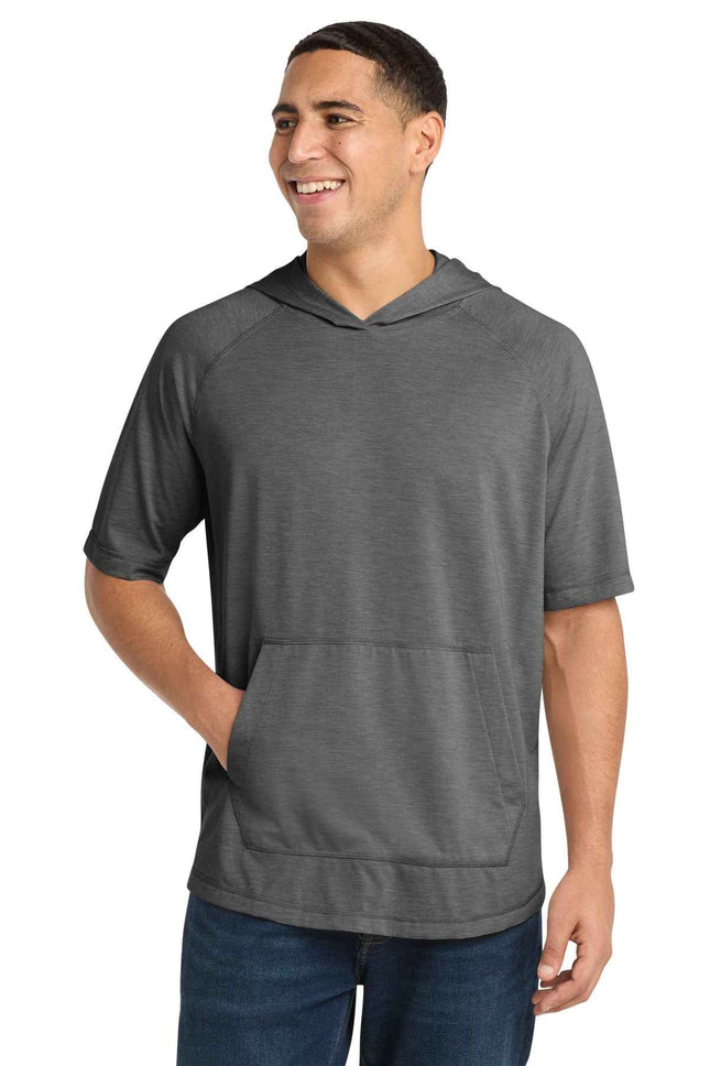 SportTek PosiCharge TriBlend Wicking Short Sleeve Hoodie ST404 Dark Grey Heather