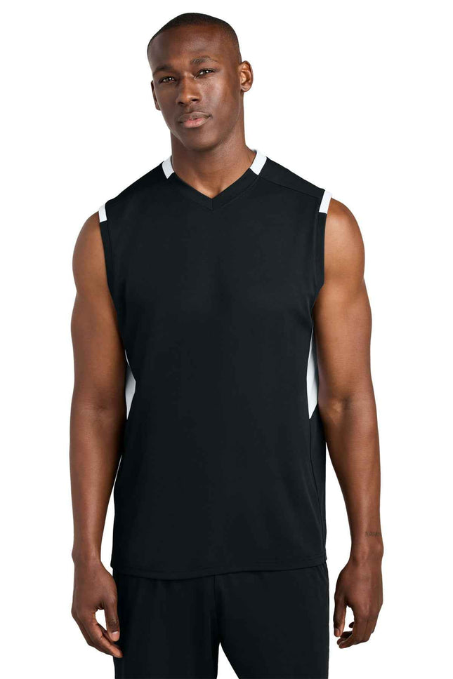 SportTek Club Sleeveless VNeck ST441 Black White