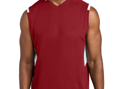 SportTek Club Sleeveless VNeck ST441 Deep Red White